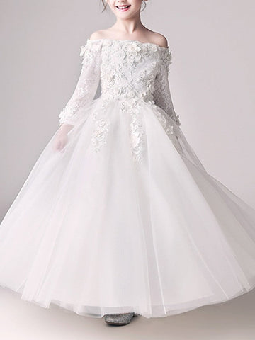 Vestido largo de gala con hombros descubiertos para niña de las flores en la primera comunión, con mangas.