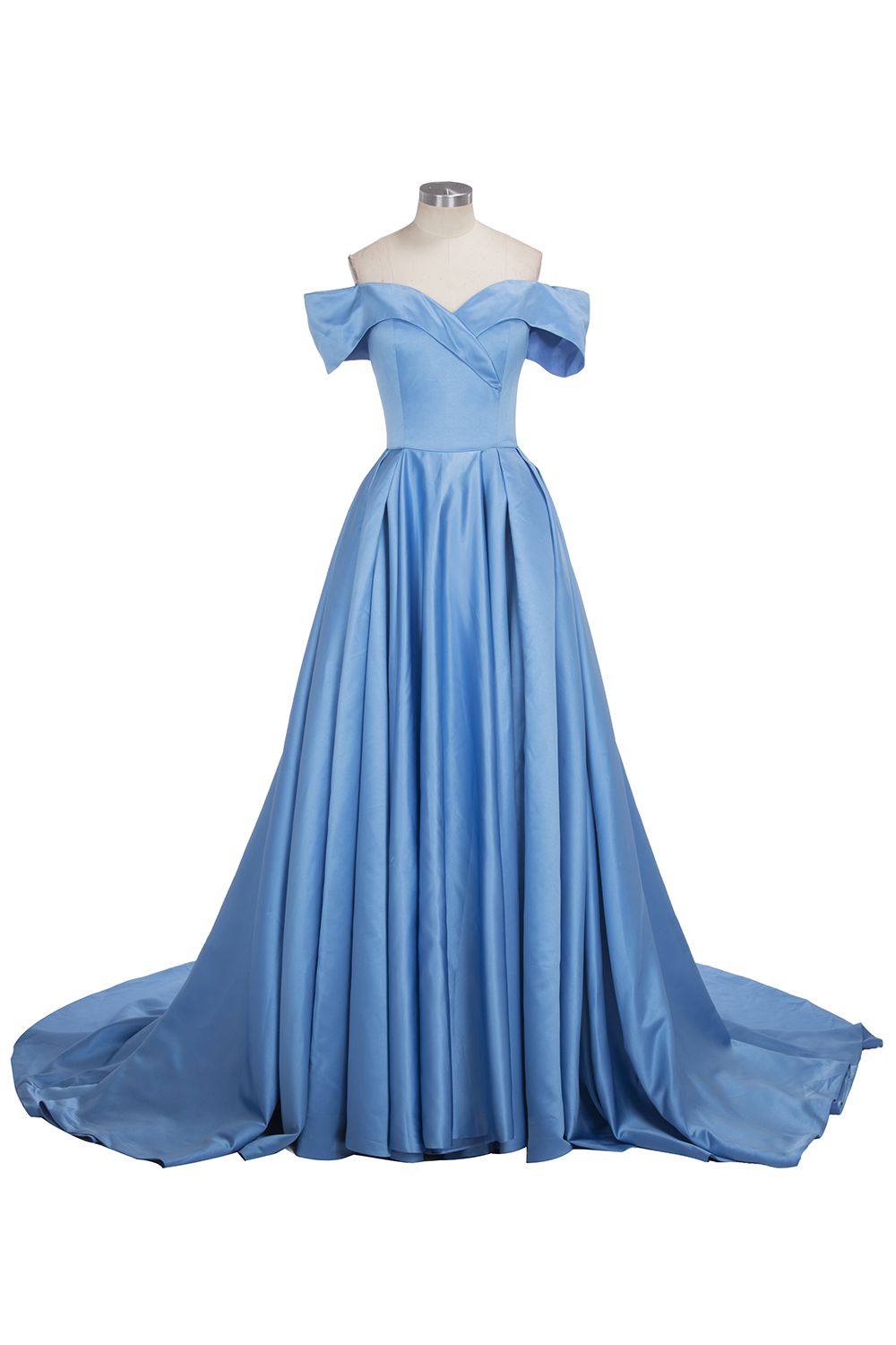 Robe de bal longue en satin bleu à épaules dénudées et fente