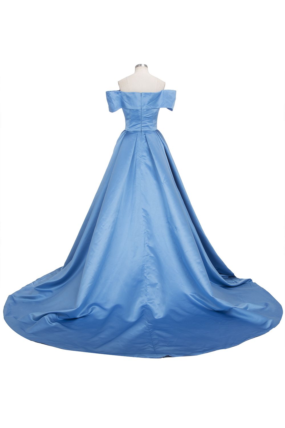 Robe de bal longue en satin bleu à épaules dénudées et fente