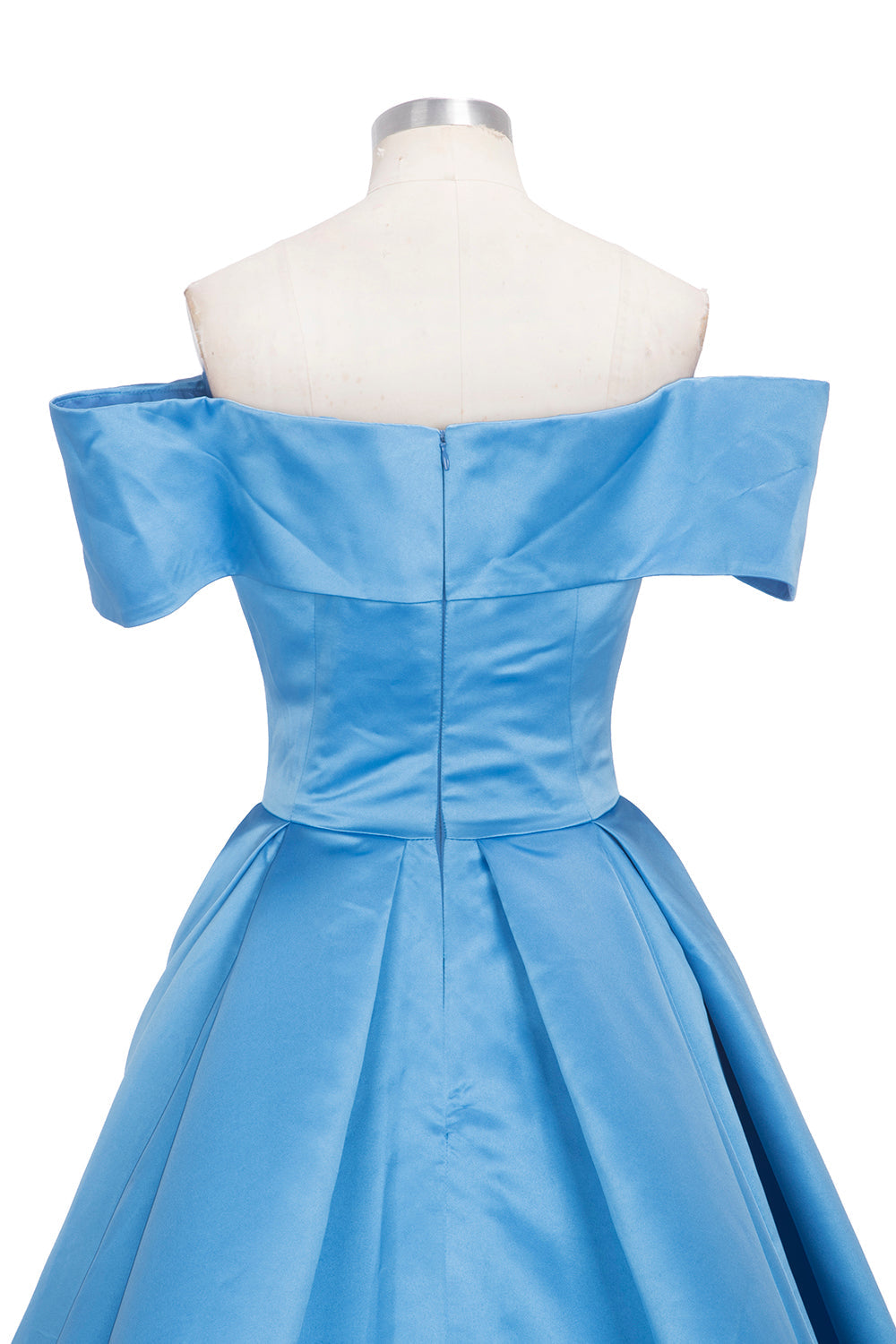 Robe de bal longue en satin bleu à épaules dénudées et fente