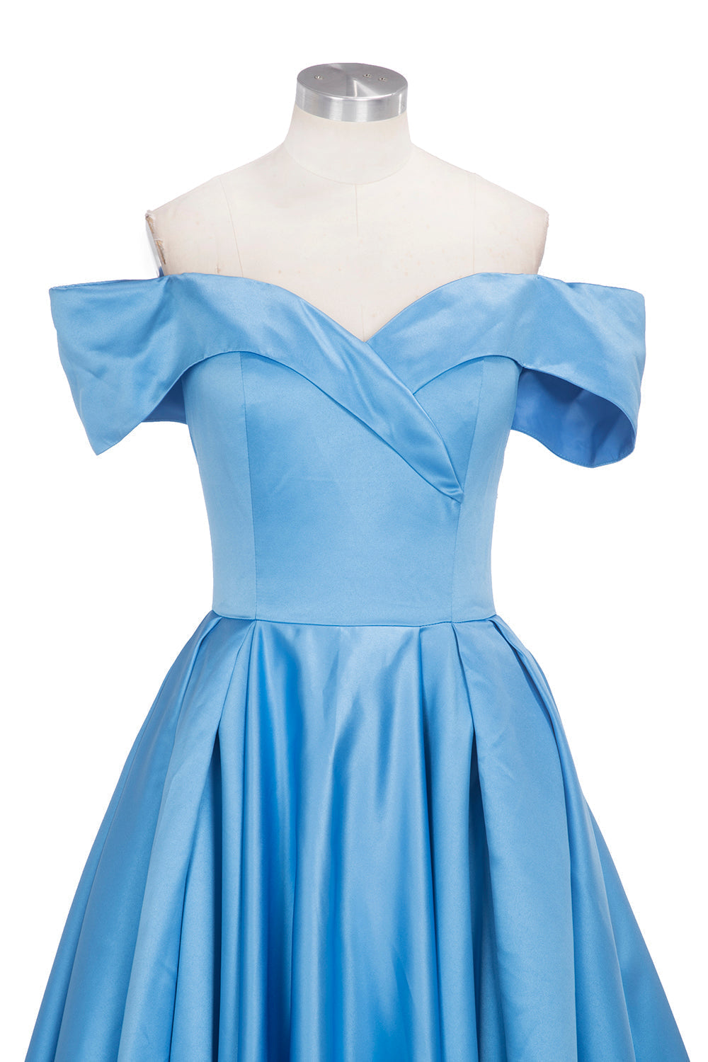 Robe de bal longue en satin bleu à épaules dénudées et fente
