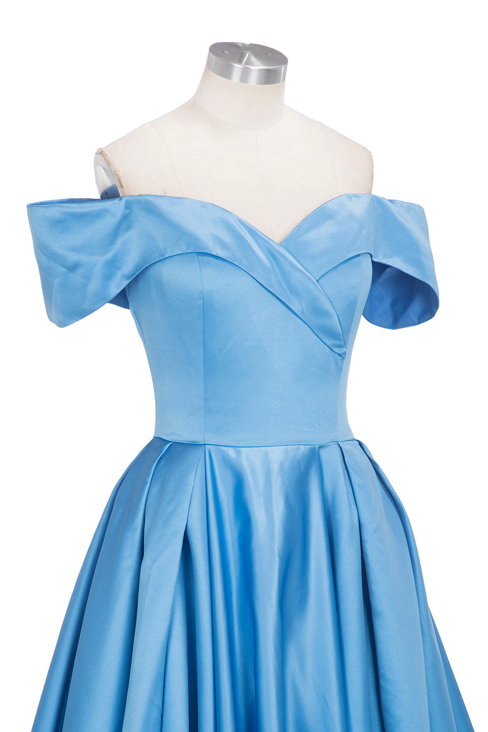Robe de bal longue en satin bleu à épaules dénudées et fente