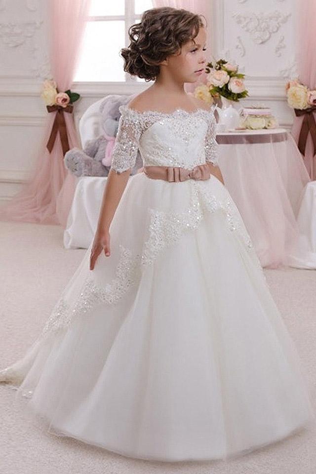 Vestido largo de gala con hombros descubiertos, tul y encaje para niña de las flores, con mangas
