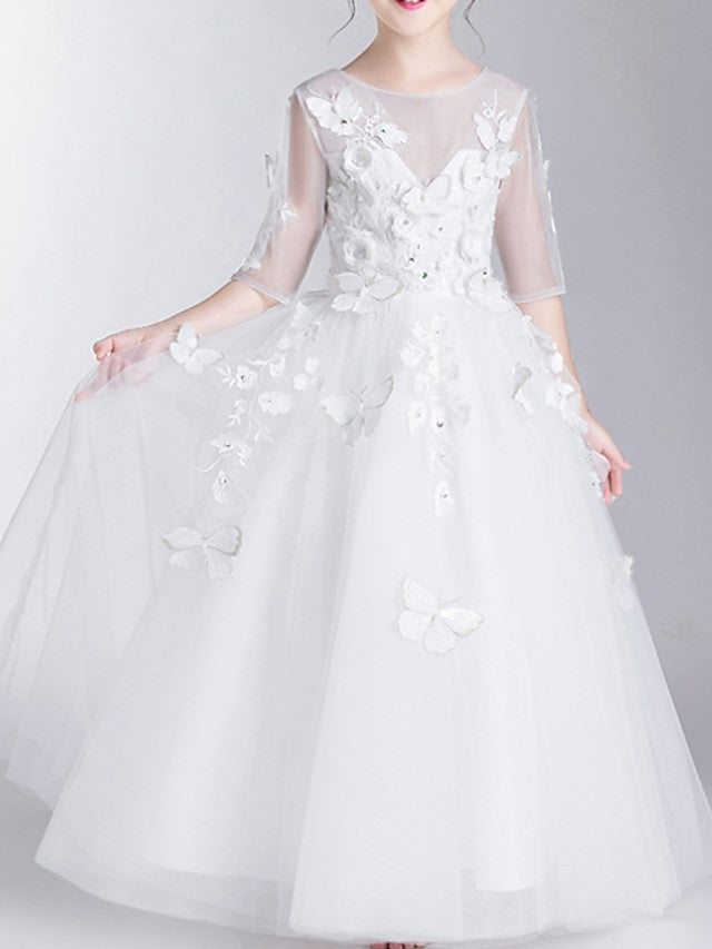 Robe de bal longue en polyester à col rond et manches, idéale pour une première communion ou comme robe de demoiselle d'honneur.