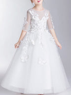 Robe de bal longue en polyester à col rond et manches, idéale pour une première communion ou comme robe de demoiselle d'honneur.