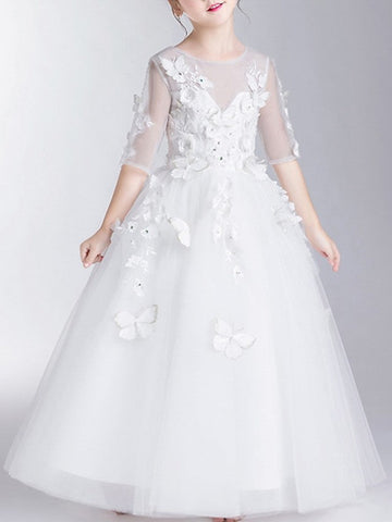 Vestido largo de gala de poliéster con cuello joya para niña de las flores en la primera comunión, con mangas.