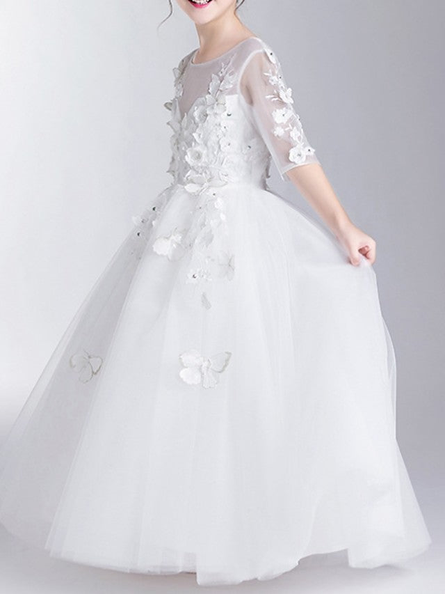Vestido largo de gala de poliéster con cuello joya para niña de las flores en la primera comunión, con mangas.