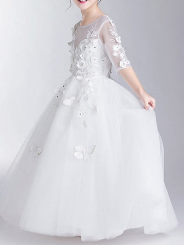 Vestido largo de gala de poliéster con cuello joya para niña de las flores en la primera comunión, con mangas.