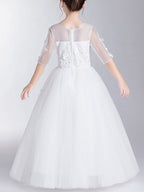 Robe de bal longue en polyester à col rond et manches, idéale pour une première communion ou comme robe de demoiselle d'honneur.