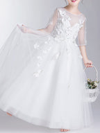 Robe de bal longue en polyester à col rond et manches, idéale pour une première communion ou comme robe de demoiselle d'honneur.
