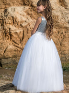 Robe de bal longue sans manches en polyester, col rond, robe de demoiselle d'honneur pour mariage ou fête.