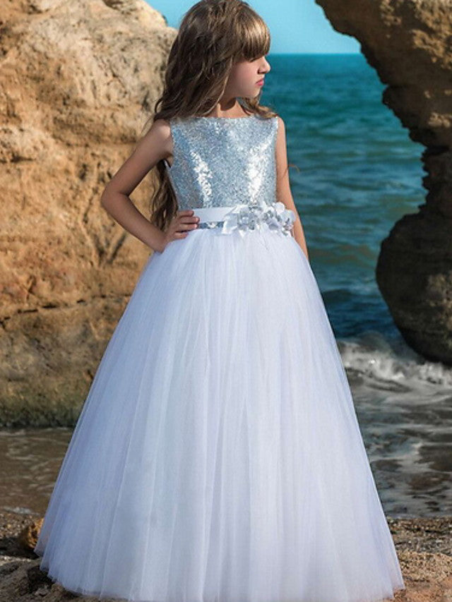 Vestido largo de gala de poliéster sin mangas con cuello joya para bodas, fiestas y damitas de honor.