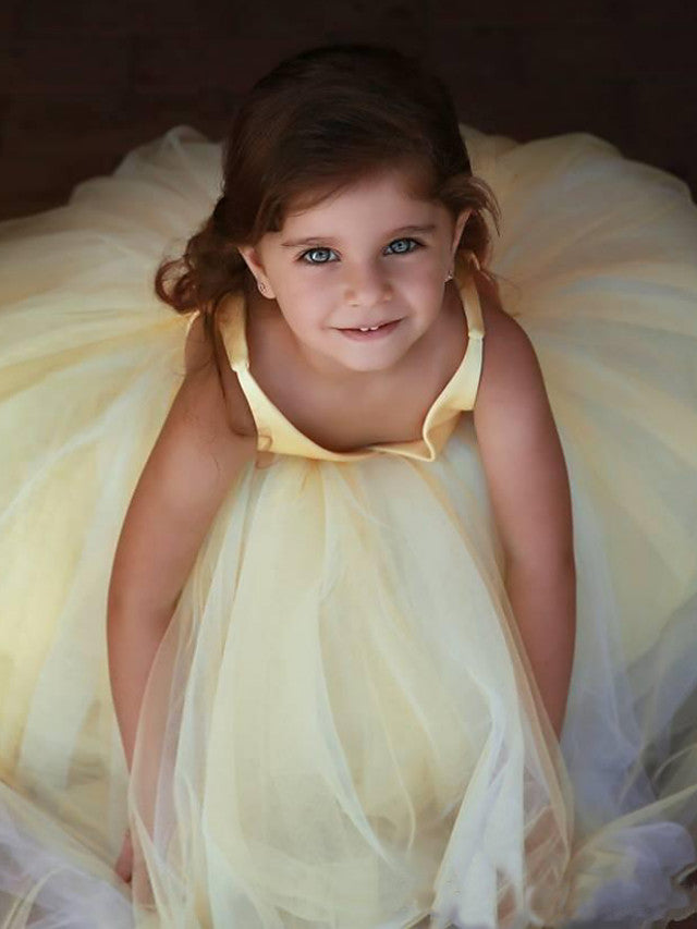 Vestido largo de gala de satén y tul sin mangas con escote en V para niña de las flores, ideal para bodas y fiestas.