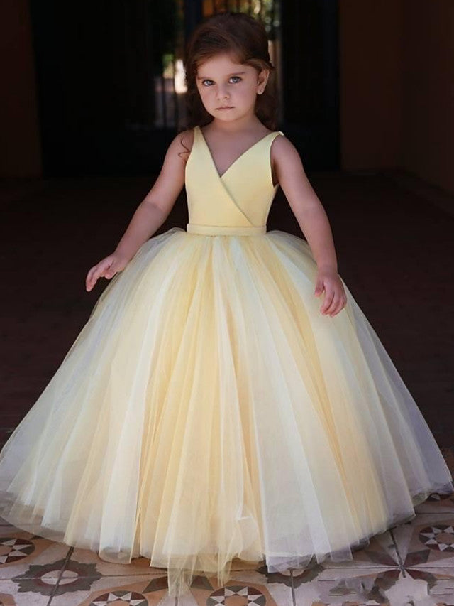 Vestido largo de gala de satén y tul sin mangas con escote en V para niña de las flores, ideal para bodas y fiestas.