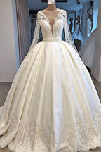 Robe de mariée longue de bal en satin à col en V et manches