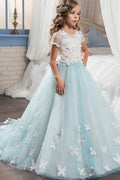 Robe de bal longue en tulle à col rond et manches courtes pour demoiselle d'honneur