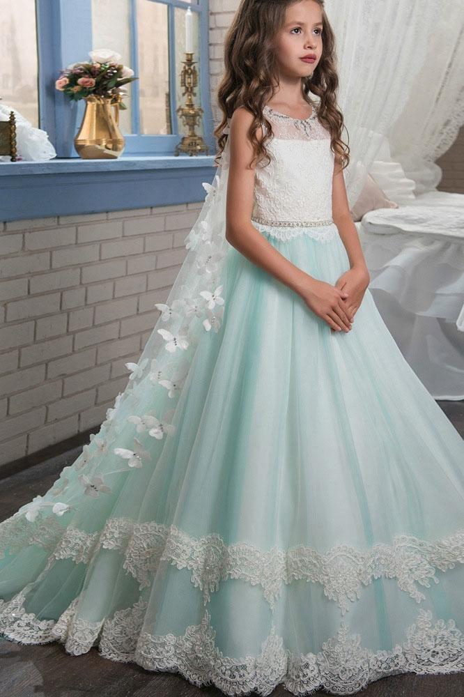 Vestidos largos de princesa con escote redondo, sin mangas y de encaje para niña de las flores