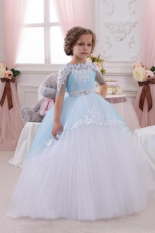 Vestido largo de gala para niña de las flores, con escote redondo, tul y encaje, con mangas.
