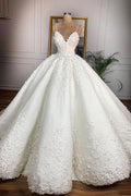 Vestido de novia largo de baile con tirantes finos, apliques de encaje y satén