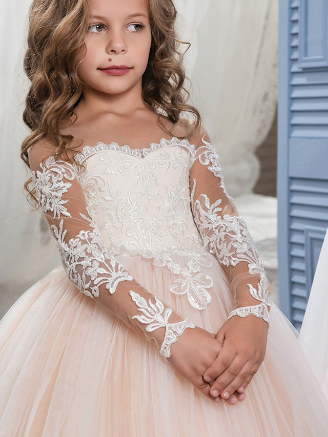 Vestido largo de gala con cola de barrido para bodas, cumpleaños, concursos de belleza y niñas de las flores, con mangas.