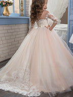 Robe de bal longue à traîne balayée, manches longues, idéale pour un mariage, un anniversaire ou un concours de beauté, ou pour une demoiselle d'honneur.