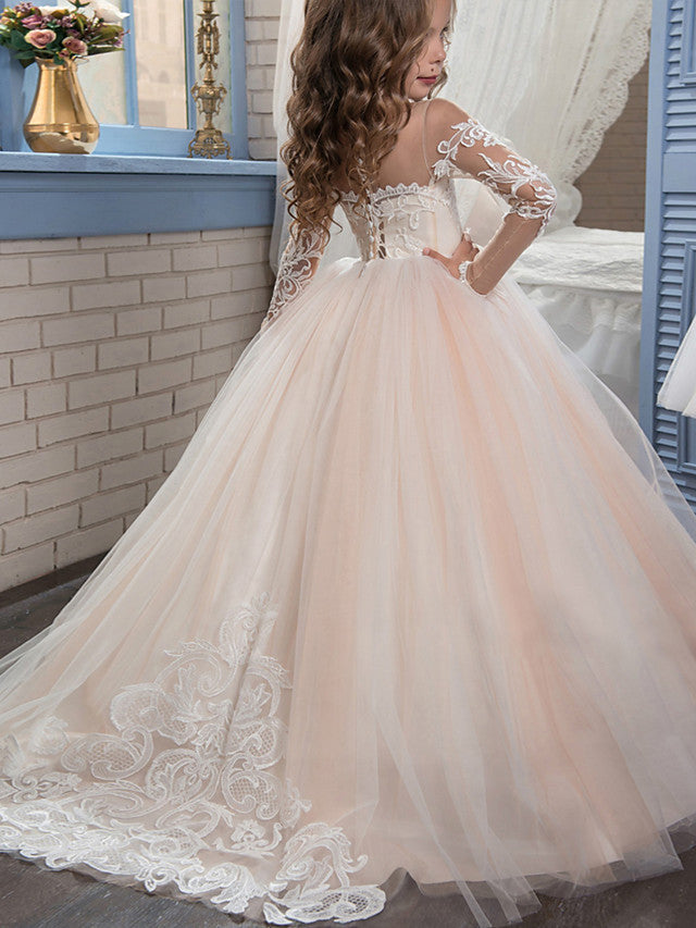 Vestido largo de gala con cola de barrido para bodas, cumpleaños, concursos de belleza y niñas de las flores, con mangas.