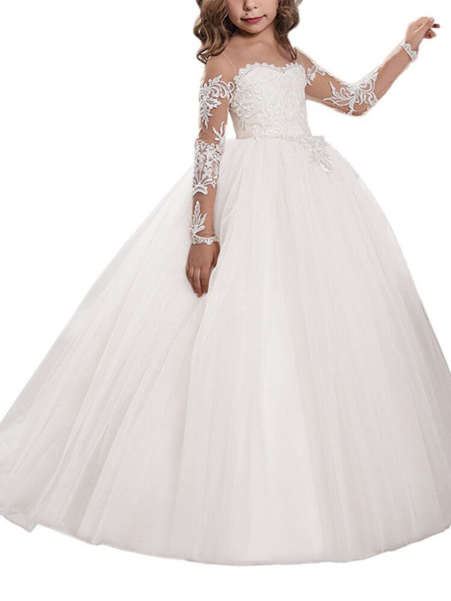 Vestido largo de gala con cola de barrido para bodas, cumpleaños, concursos de belleza y niñas de las flores, con mangas.
