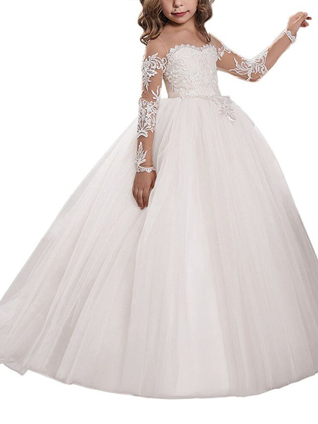 Vestido largo de gala con cola de barrido para bodas, cumpleaños, concursos de belleza y niñas de las flores, con mangas.