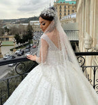 Long Ball Gown Sweetheart Off-the-Shoulder Backless Pearl Beading Ruffles Tulle Wedding Dress