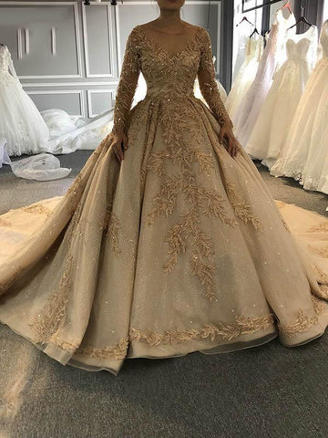 Long Ball Gown Sweetheart Satin Lace Wedding Dresses with Sleeves