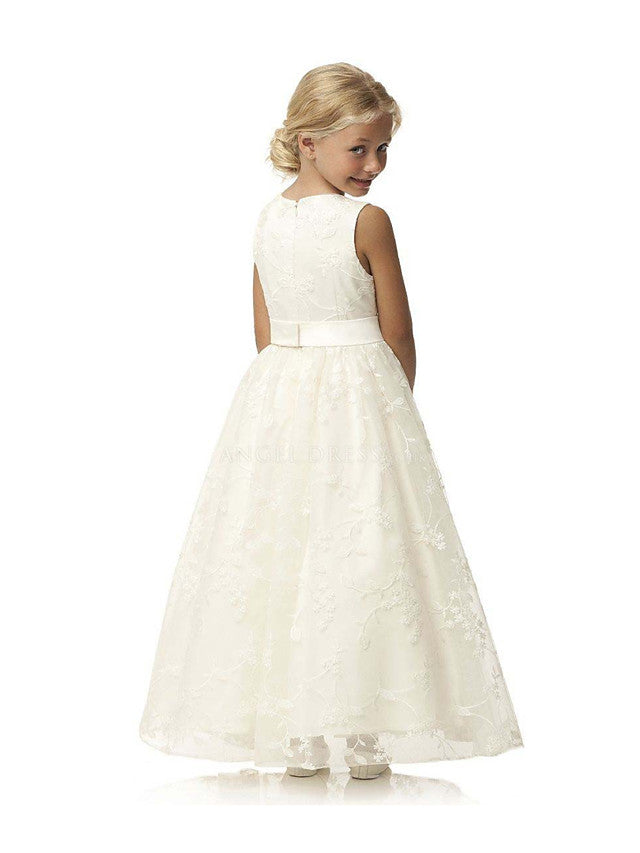 Vestido largo de gala de tul y algodón con cuello joya para primera comunión, cumpleaños o niña de las flores