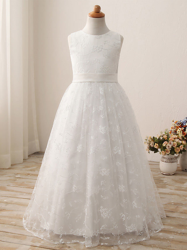 Vestido largo de gala de tul y algodón con cuello joya para primera comunión, cumpleaños o niña de las flores