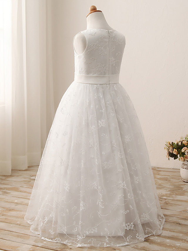 Vestido largo de gala de tul y algodón con cuello joya para primera comunión, cumpleaños o niña de las flores