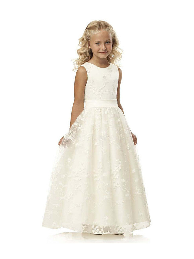 Vestido largo de gala de tul y algodón con cuello joya para primera comunión, cumpleaños o niña de las flores