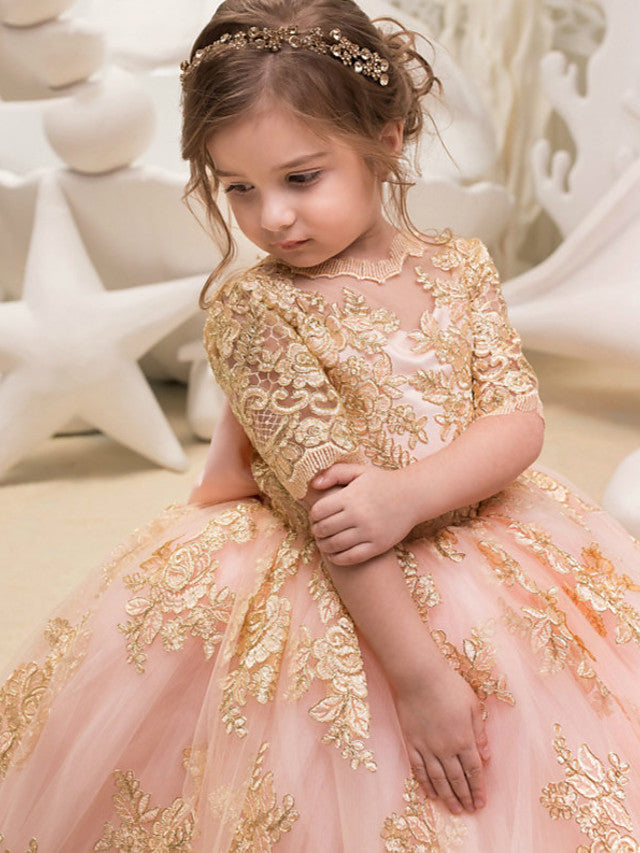 Vestido largo de gala de tul con manga corta y cuello joya para niña de las flores, ideal para bodas y fiestas.