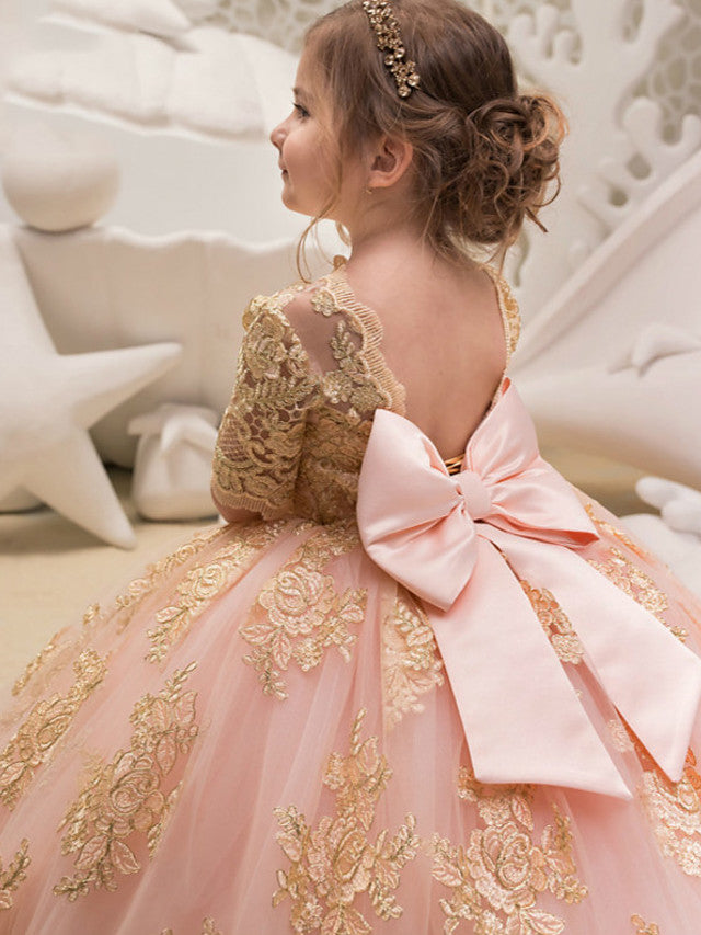Vestido largo de gala de tul con manga corta y cuello joya para niña de las flores, ideal para bodas y fiestas.