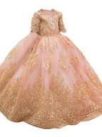 Vestido largo de gala de tul con manga corta y cuello joya para niña de las flores, ideal para bodas y fiestas.