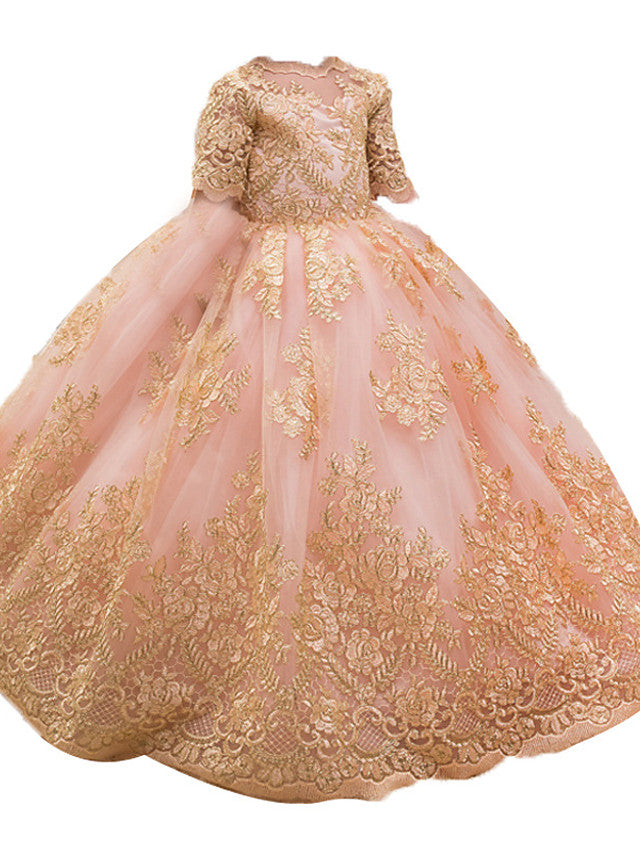 Vestido largo de gala de tul con manga corta y cuello joya para niña de las flores, ideal para bodas y fiestas.