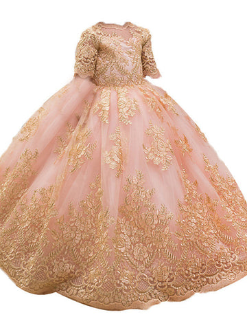 Robe de bal longue en tulle à manches mi-longues et col rond, robe de demoiselle d'honneur pour mariage ou fête.