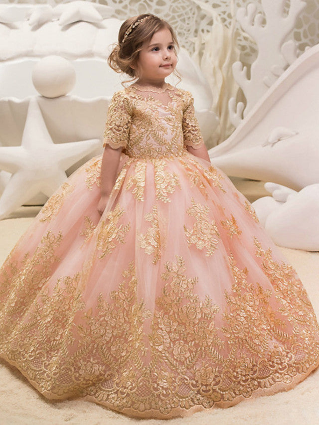 Vestido largo de gala de tul con manga corta y cuello joya para niña de las flores, ideal para bodas y fiestas.