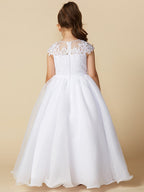 Vestido largo de baile de tul con cuello joya para boda, primera comunión o niña de las flores, con mangas.