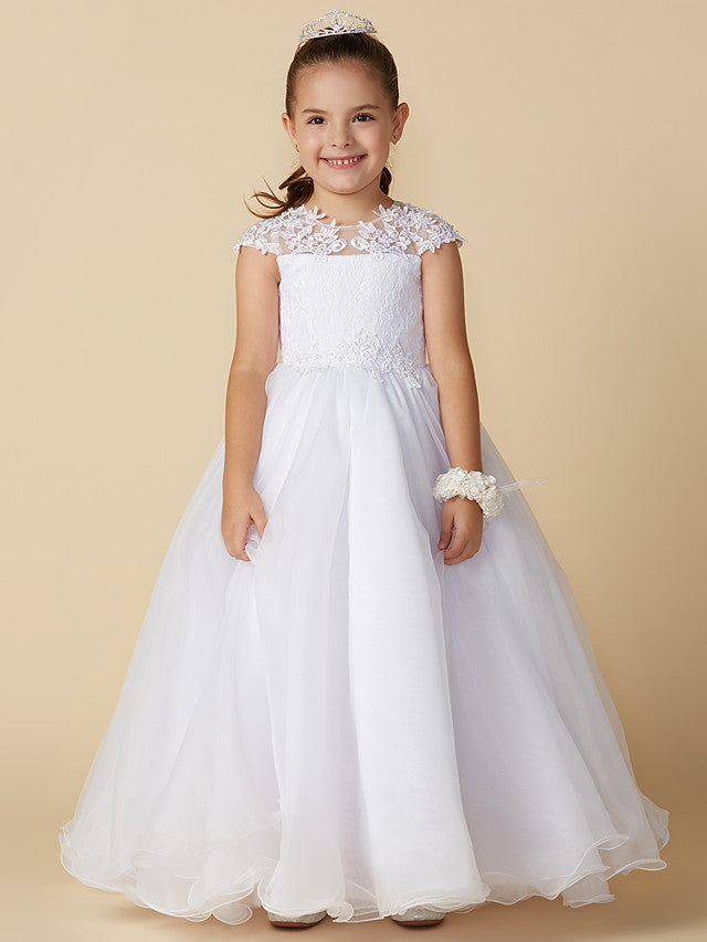 Vestido largo de baile de tul con cuello joya para boda, primera comunión o niña de las flores, con mangas.