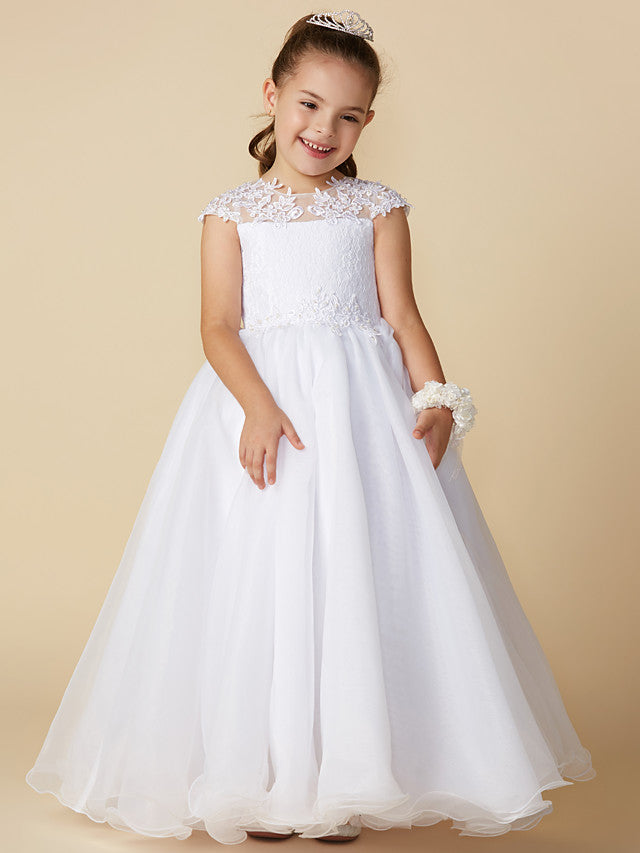 Vestido largo de baile de tul con cuello joya para boda, primera comunión o niña de las flores, con mangas.