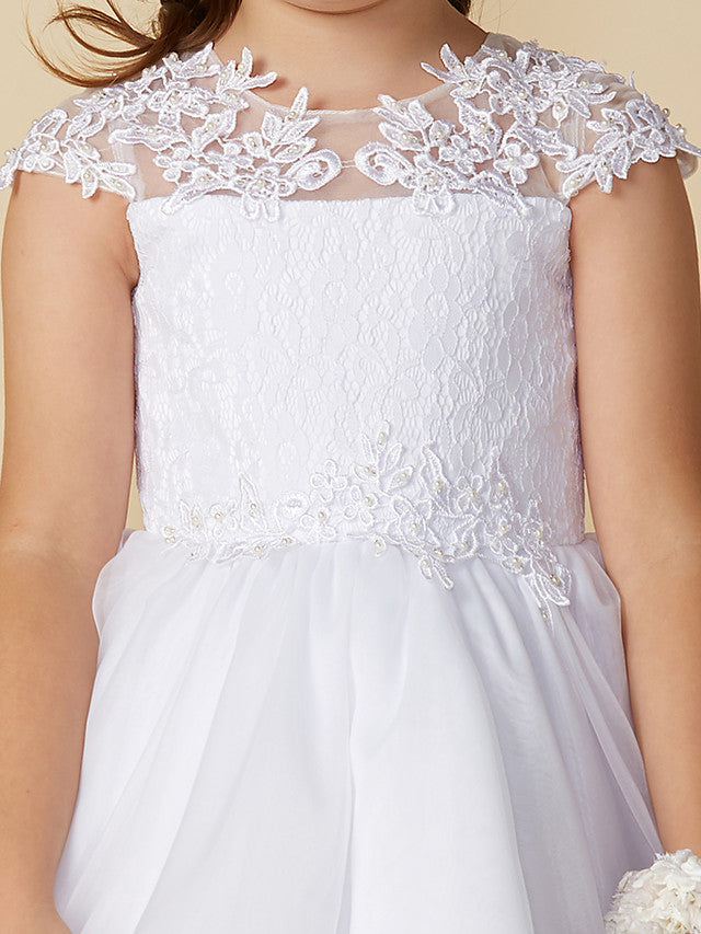 Vestido largo de baile de tul con cuello joya para boda, primera comunión o niña de las flores, con mangas.