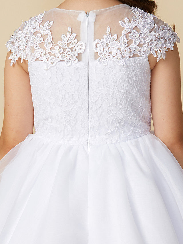Vestido largo de baile de tul con cuello joya para boda, primera comunión o niña de las flores, con mangas.