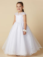 Vestido largo de baile de tul con cuello joya para boda, primera comunión o niña de las flores, con mangas.