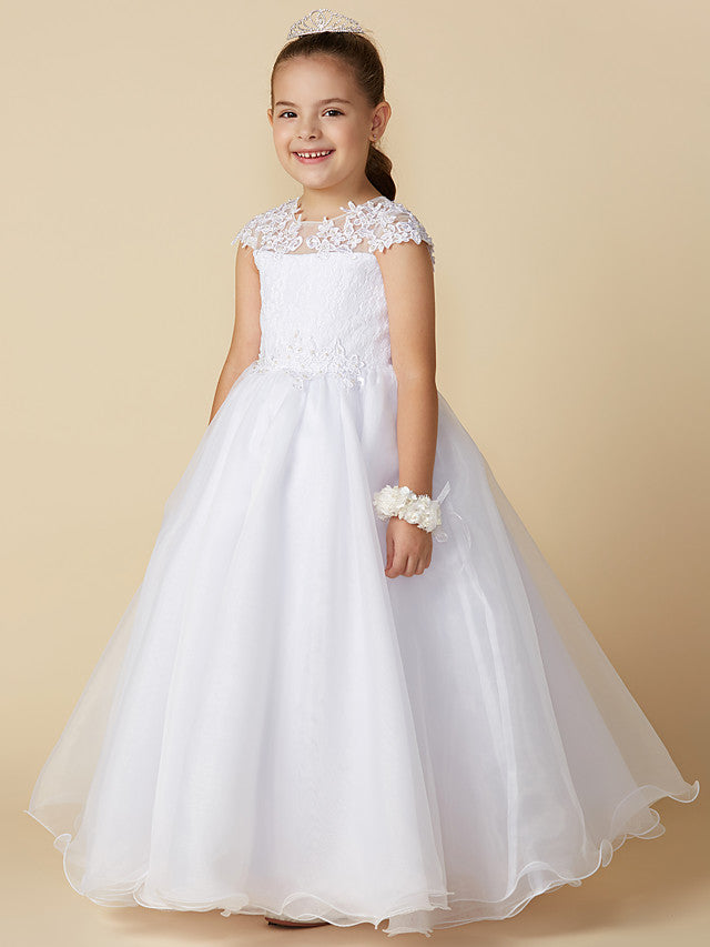 Vestido largo de baile de tul con cuello joya para boda, primera comunión o niña de las flores, con mangas.