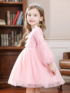 Robe de bal longue en tulle avec col bijou et manches, idéale pour un mariage ou une cérémonie de demoiselle d'honneur.