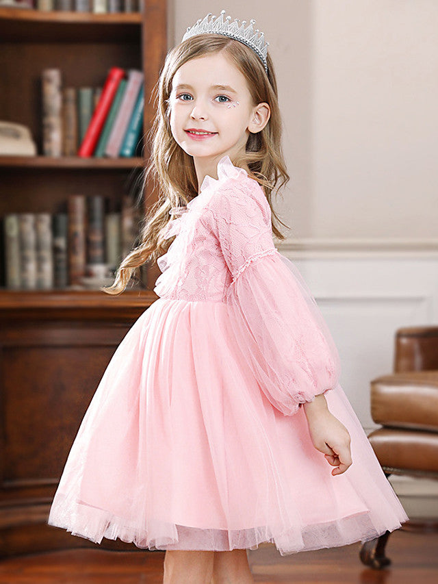 Vestido largo de baile de tul con cuello joya para bodas, fiestas y niñas de las flores, con mangas.