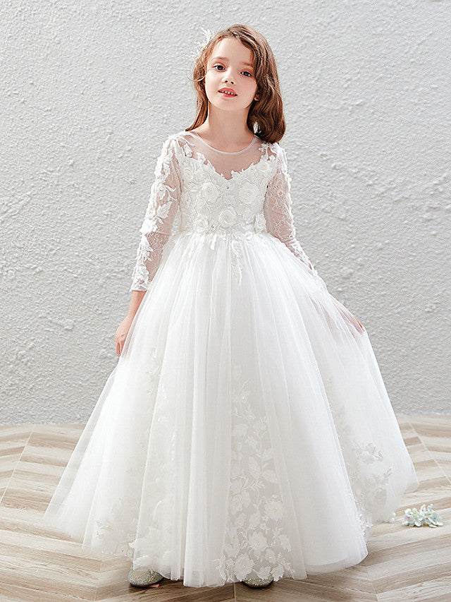 Vestido largo de baile de tul con cuello joya para bodas, fiestas y niñas de las flores, con mangas.